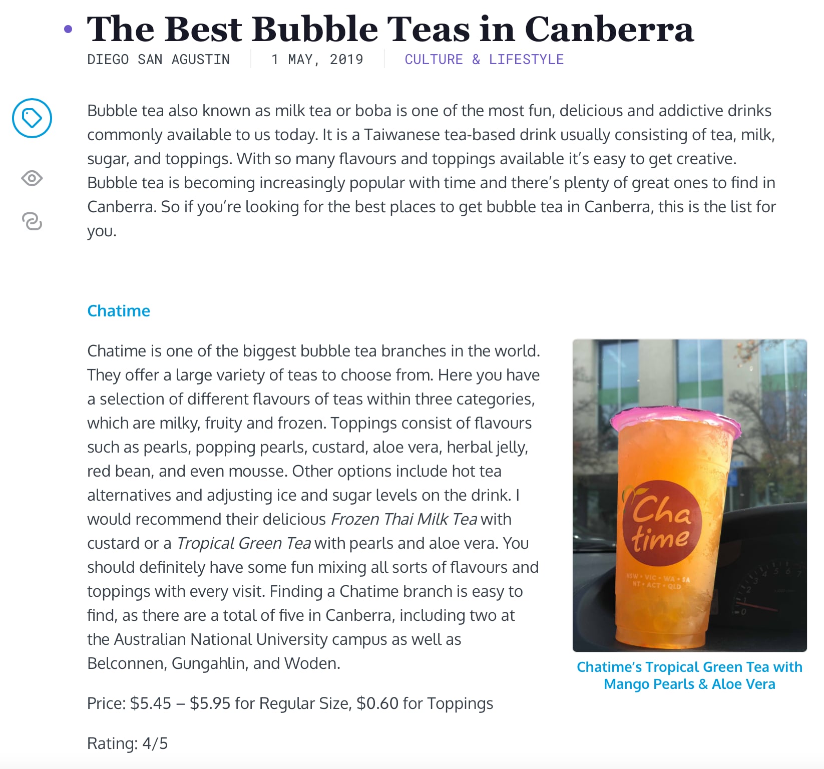 Screenshot of 'The Best Bubble Teas in Canberra'