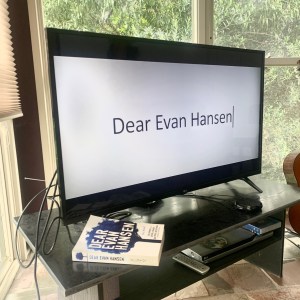 An angled television screen shows a capture from Dear Evan Hansen's opening scene. There is a book of Dear Evan Hansen in the foreground, with leaves and trees in the background.