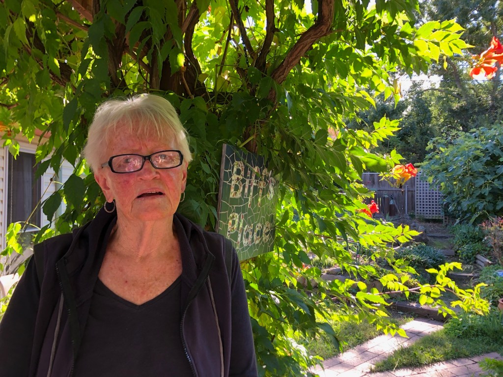 Biff Ward in front of lush green tree. She is wearing all black and has on black framed reading glasses. 