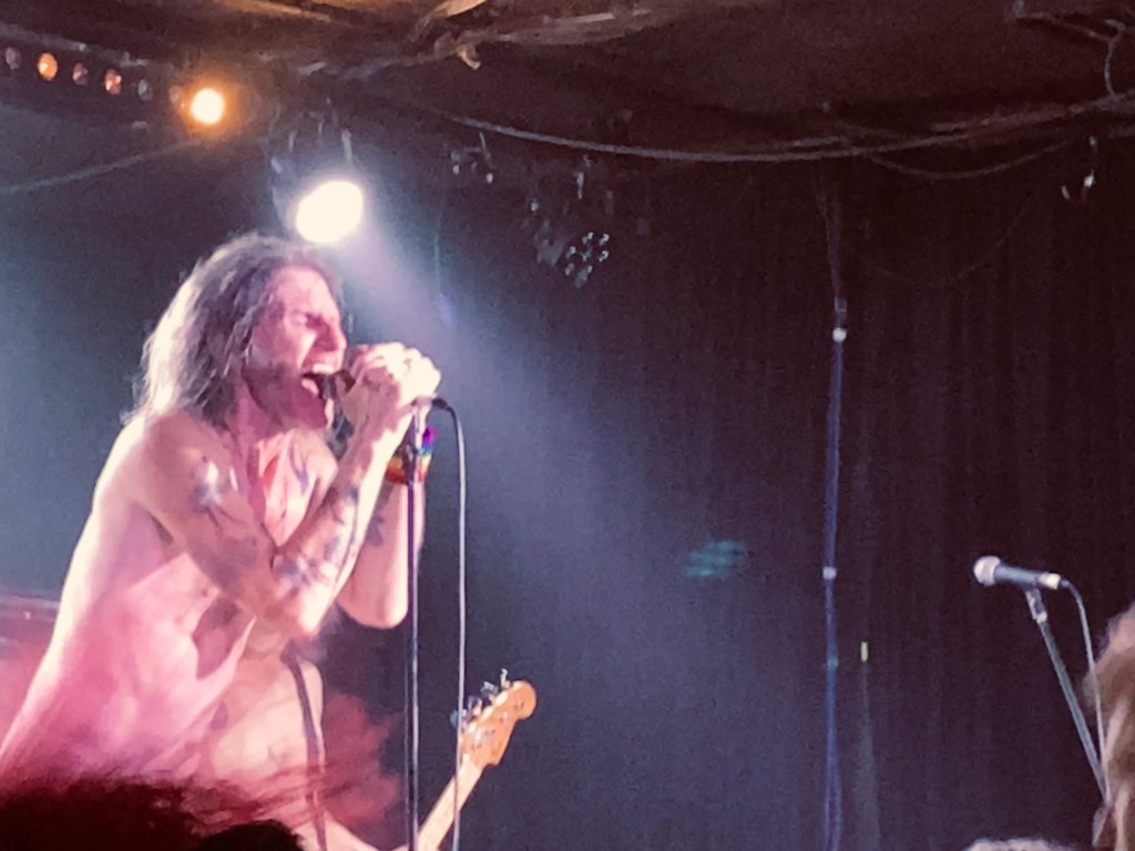 Tim Rogers yelling into a microphone.