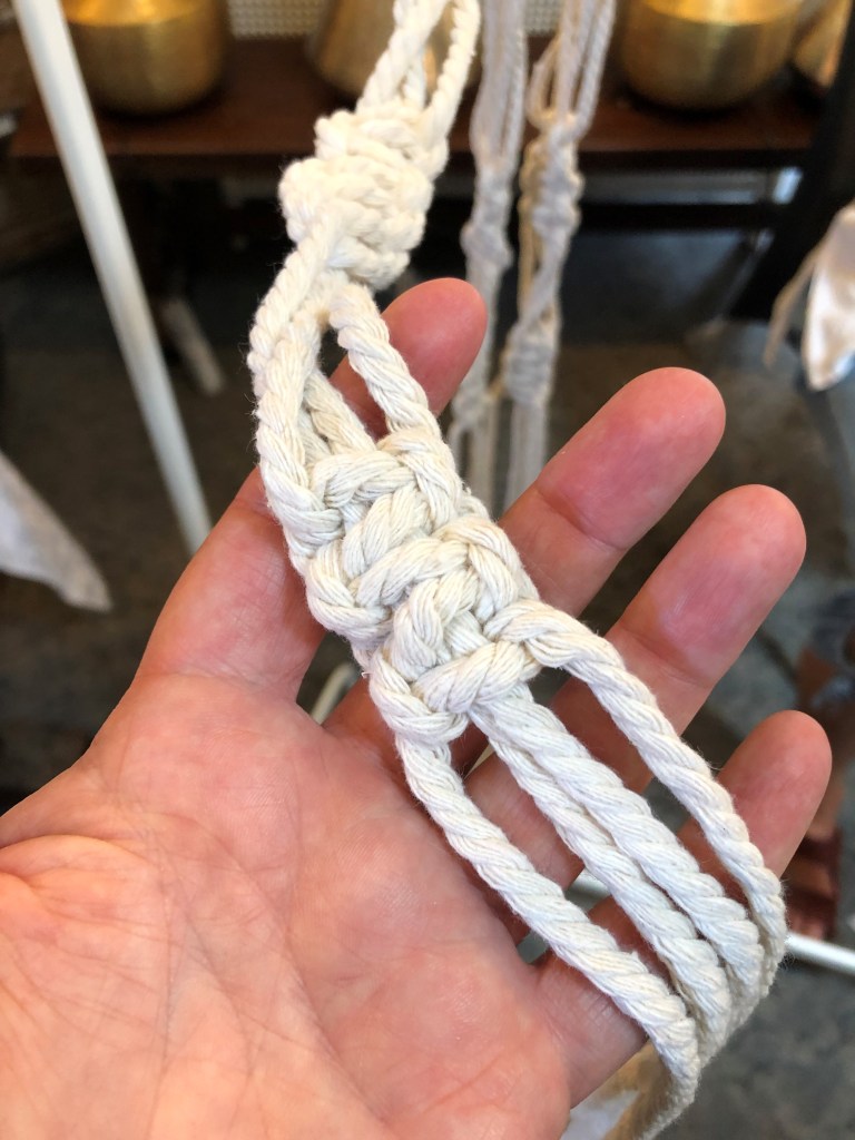 Close up of some knots in the macrame pot hanger