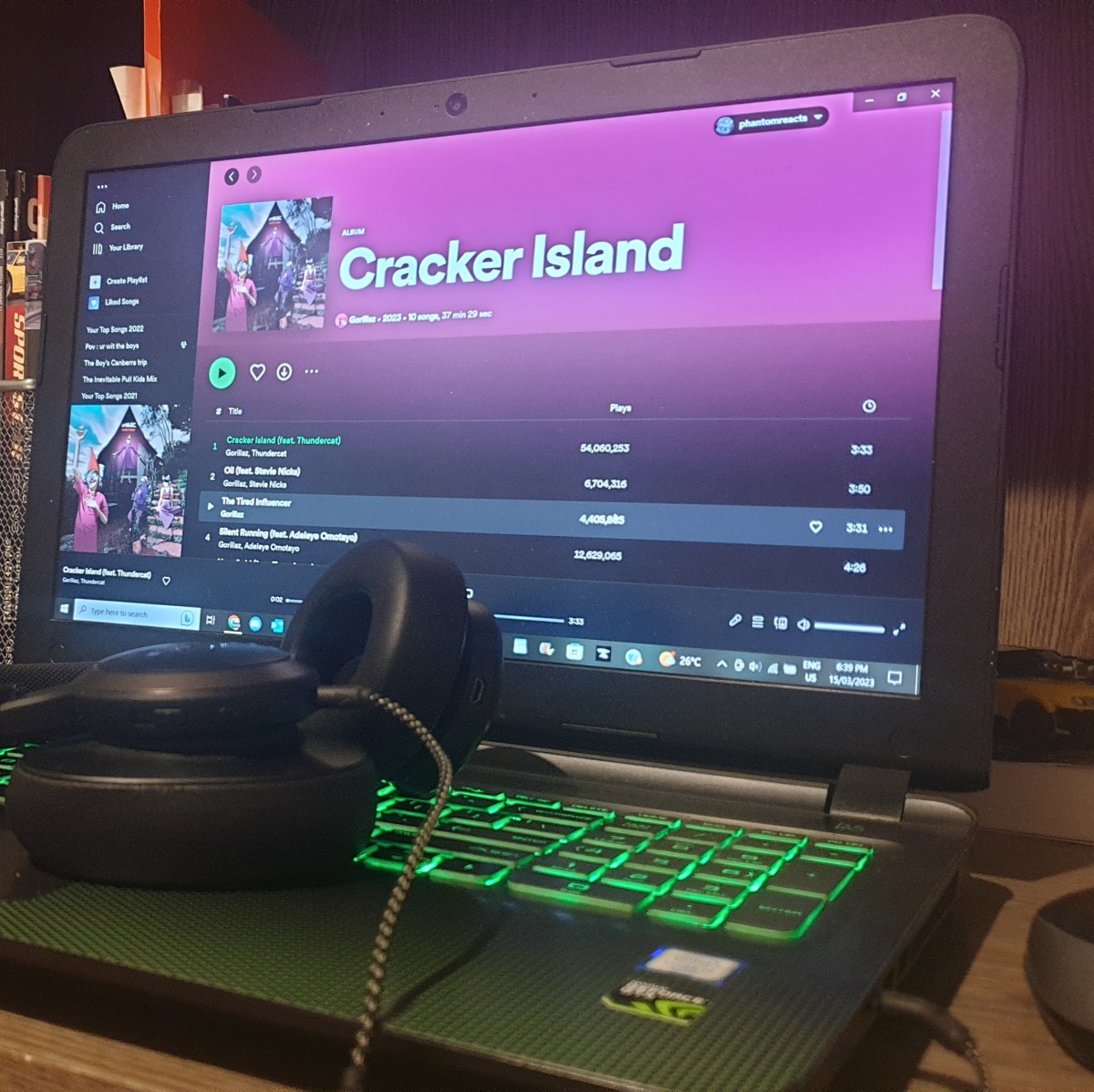 Image of the Cracker Island album on Spotify on a laptop