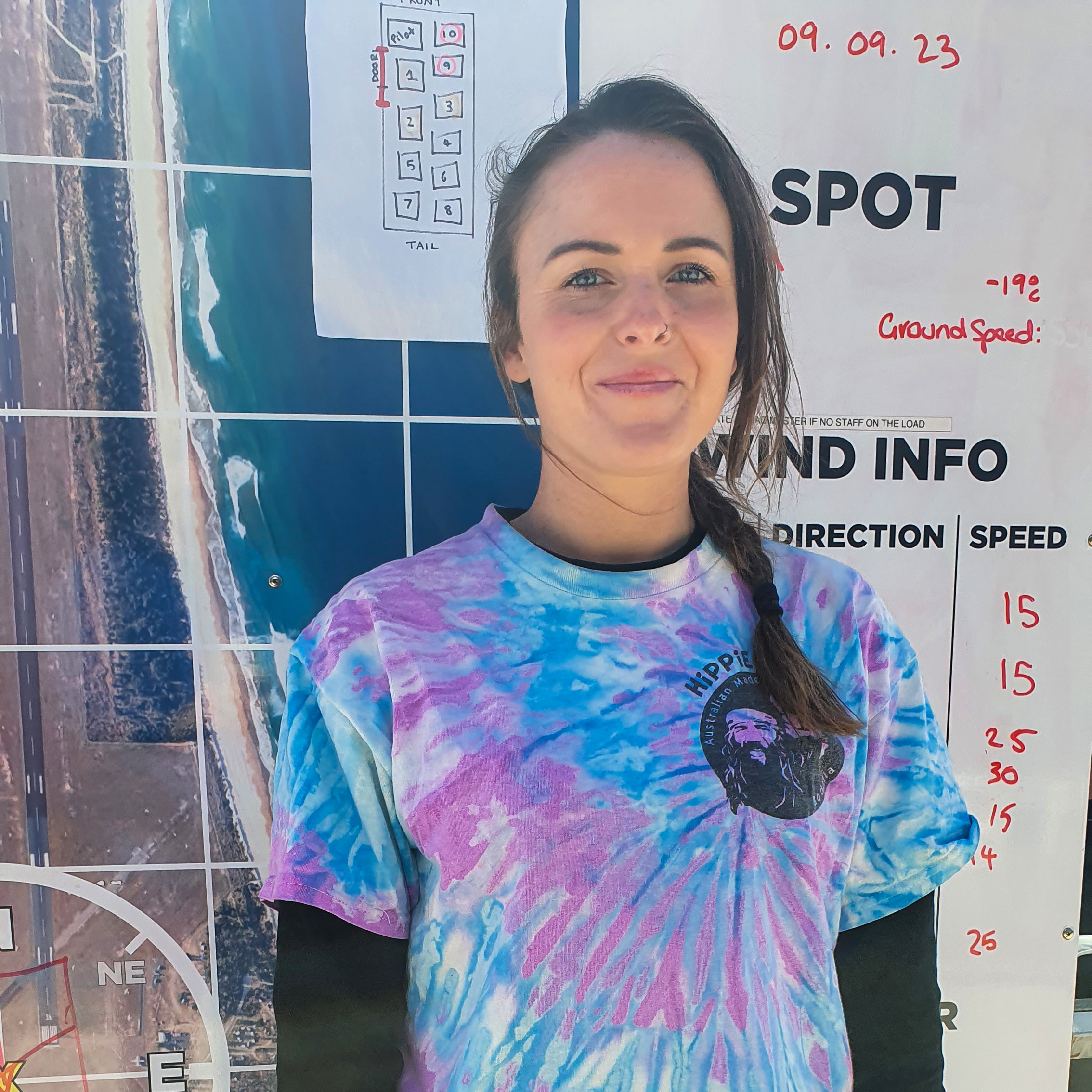 Nikki standing in front of Moruya map, with weather conditions.