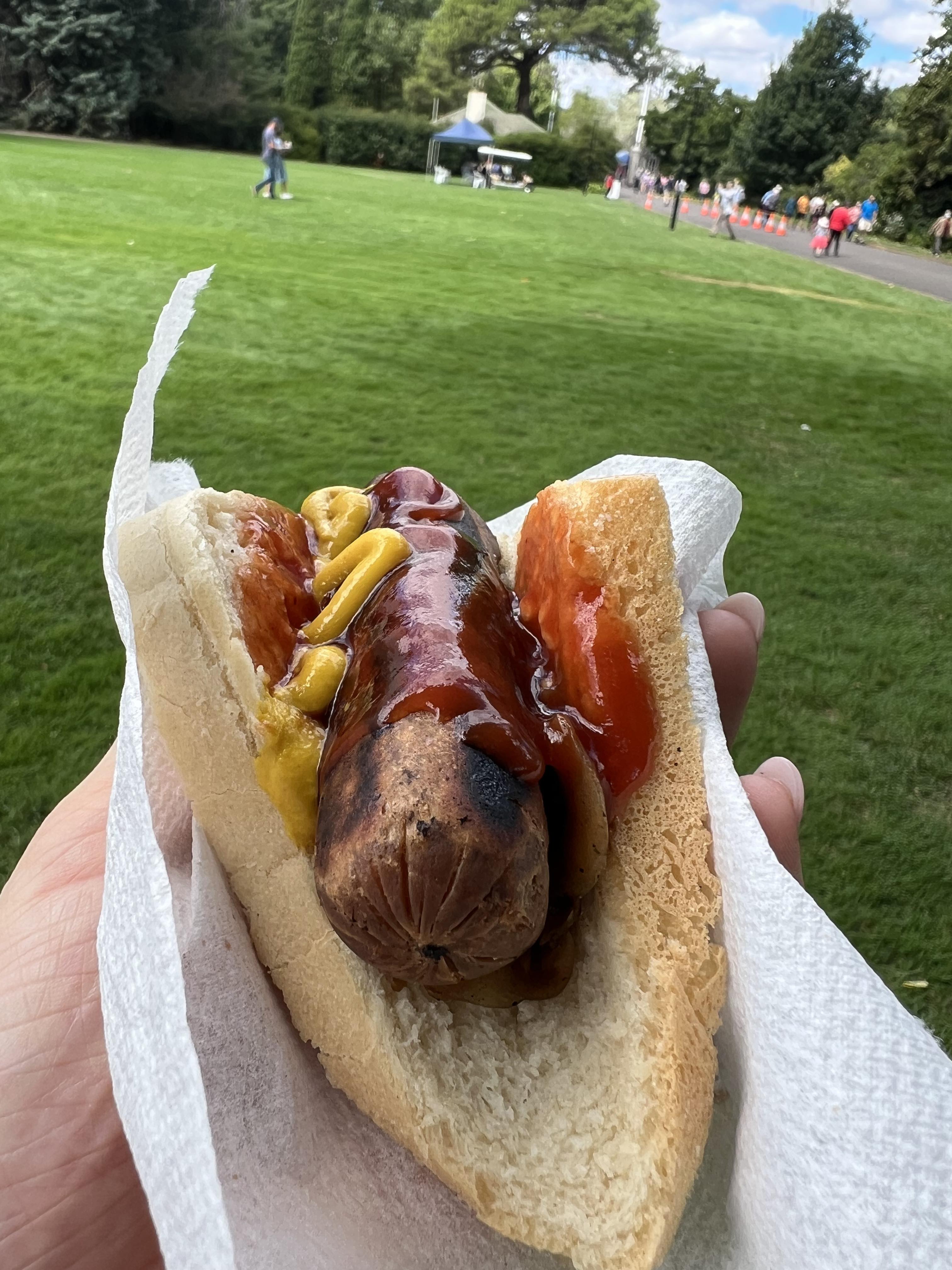 Vegan Sausage with tomato and mustard sauce, with the background of the entrance of Government House. 