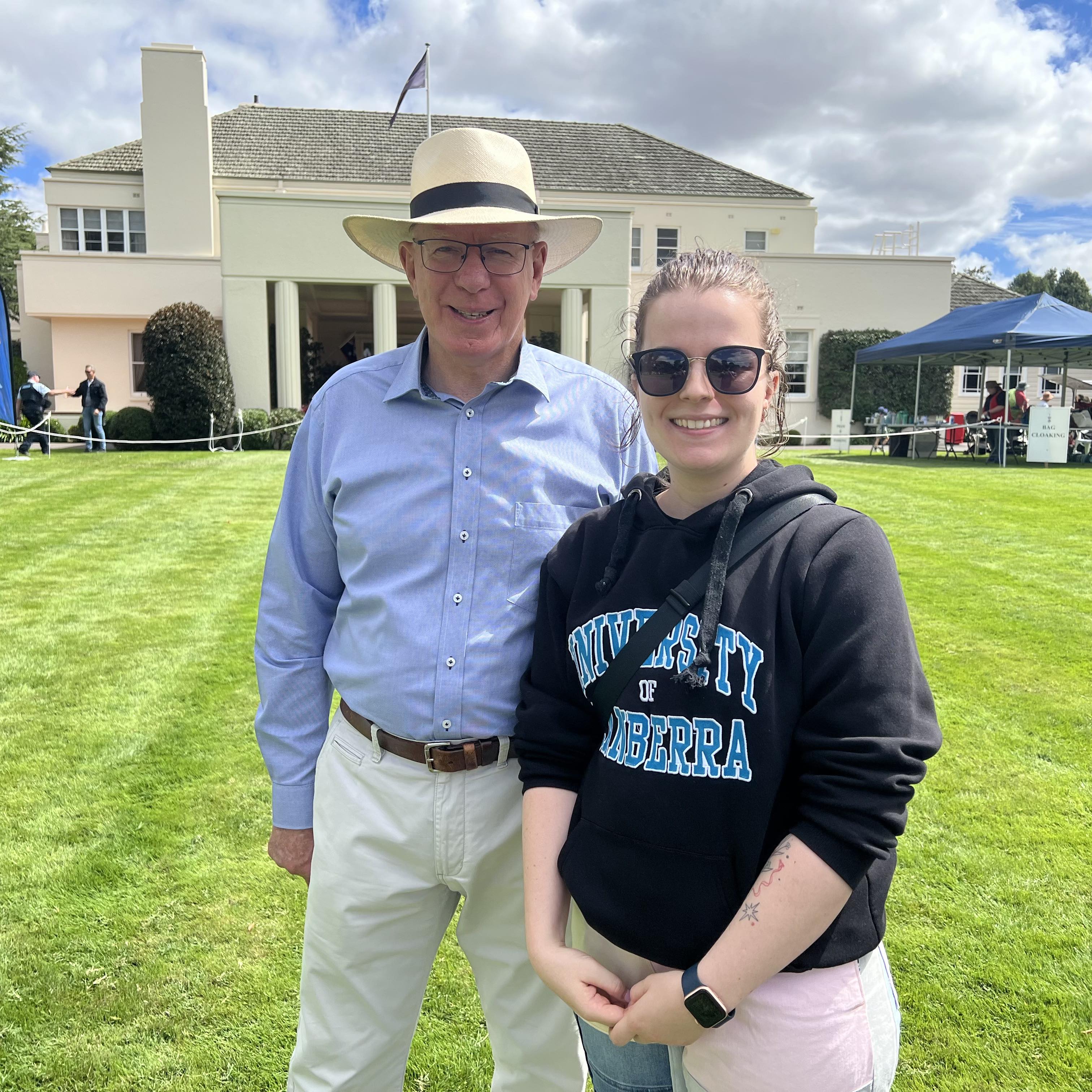 Governor General and Sarah in front of Government House. 