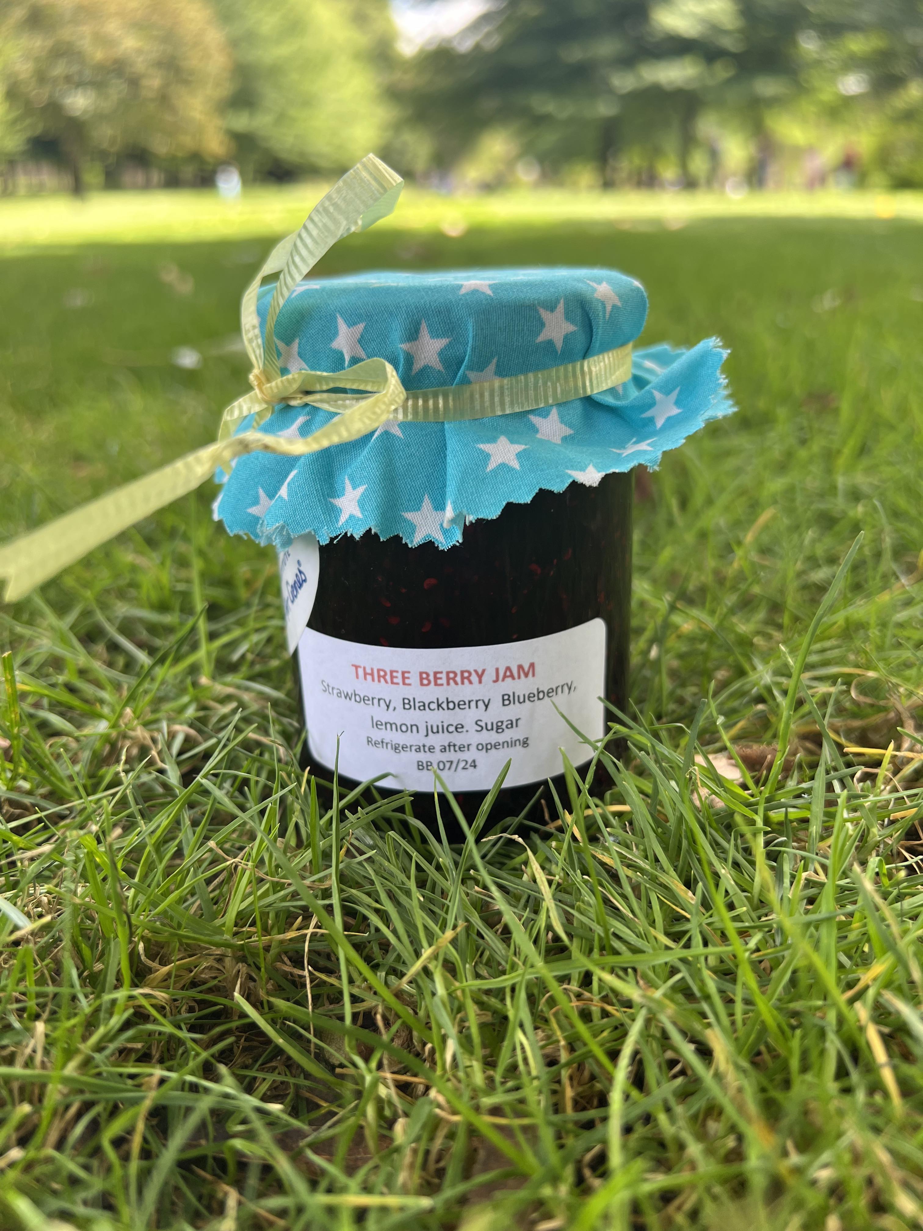 Three Berry Jam sitting on the ground with the background blurred out. 