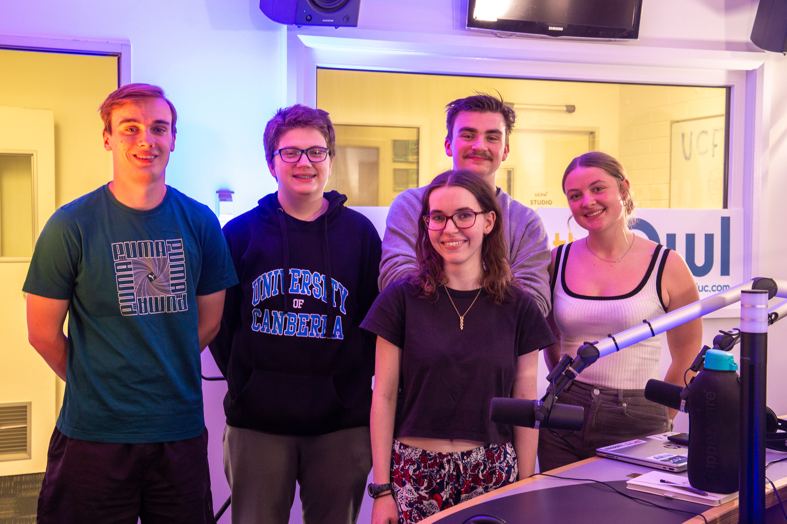 Zac, Tobias, Tia, Haidyn and Hannah pose in the UCFM studio