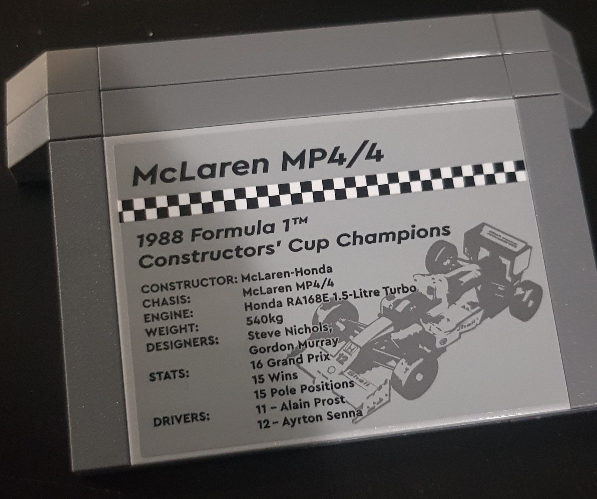 The plaque celebrating the Mp4/4's constructors championship.