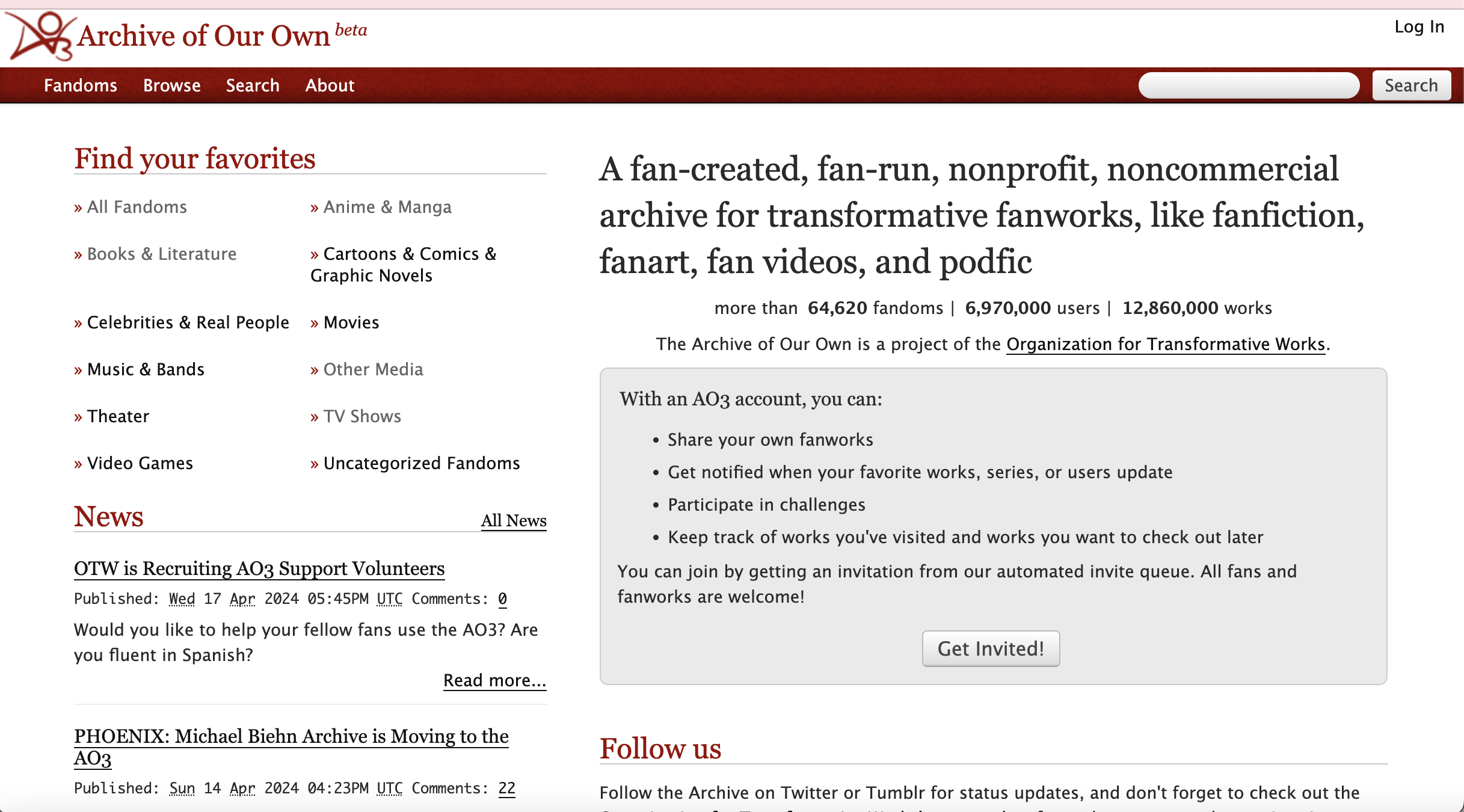 Screenshot of the home page for AO3, a comparison from the previous two sites. Here you can clearly seen how many people use the site and how many works are on the website, as well as the ease of the interface. 