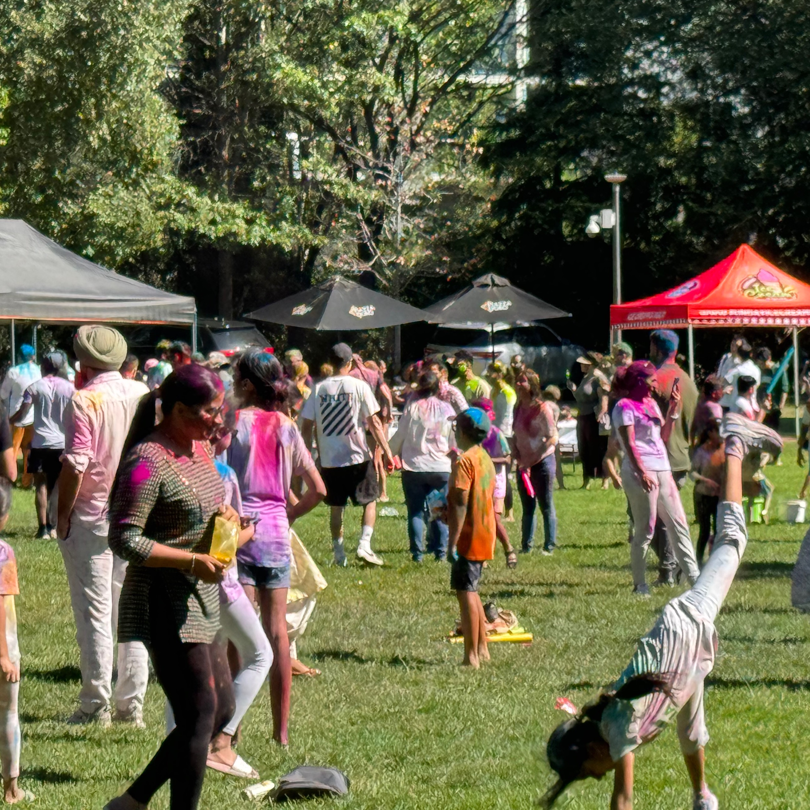 girl doing handstand while mother watches on the grass with people standing in the background 