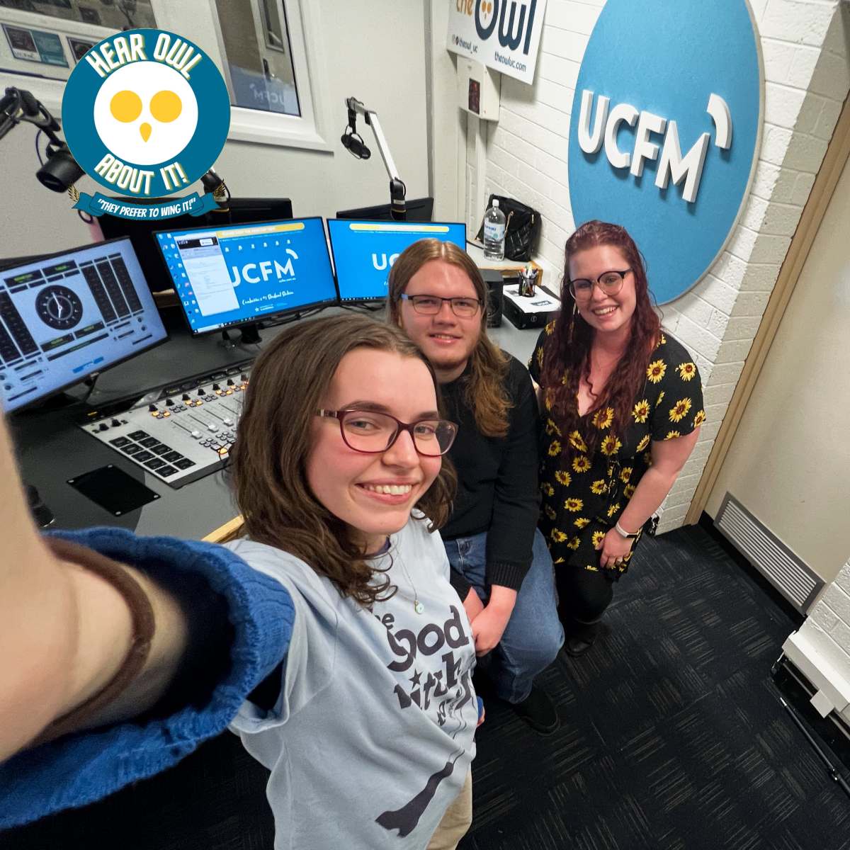 Tia, Ben and Lila taking a selfie in the UCFM studio