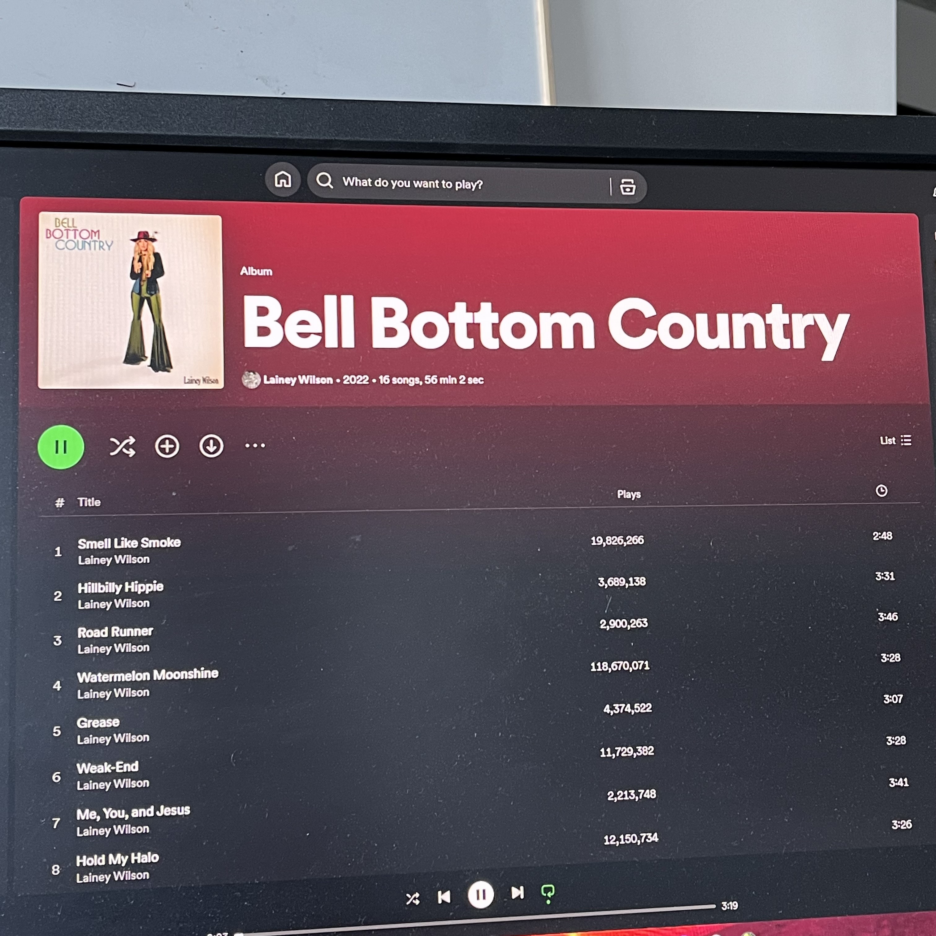 Lainey Wilson's Album "Bell Bottom Country" on Spotify