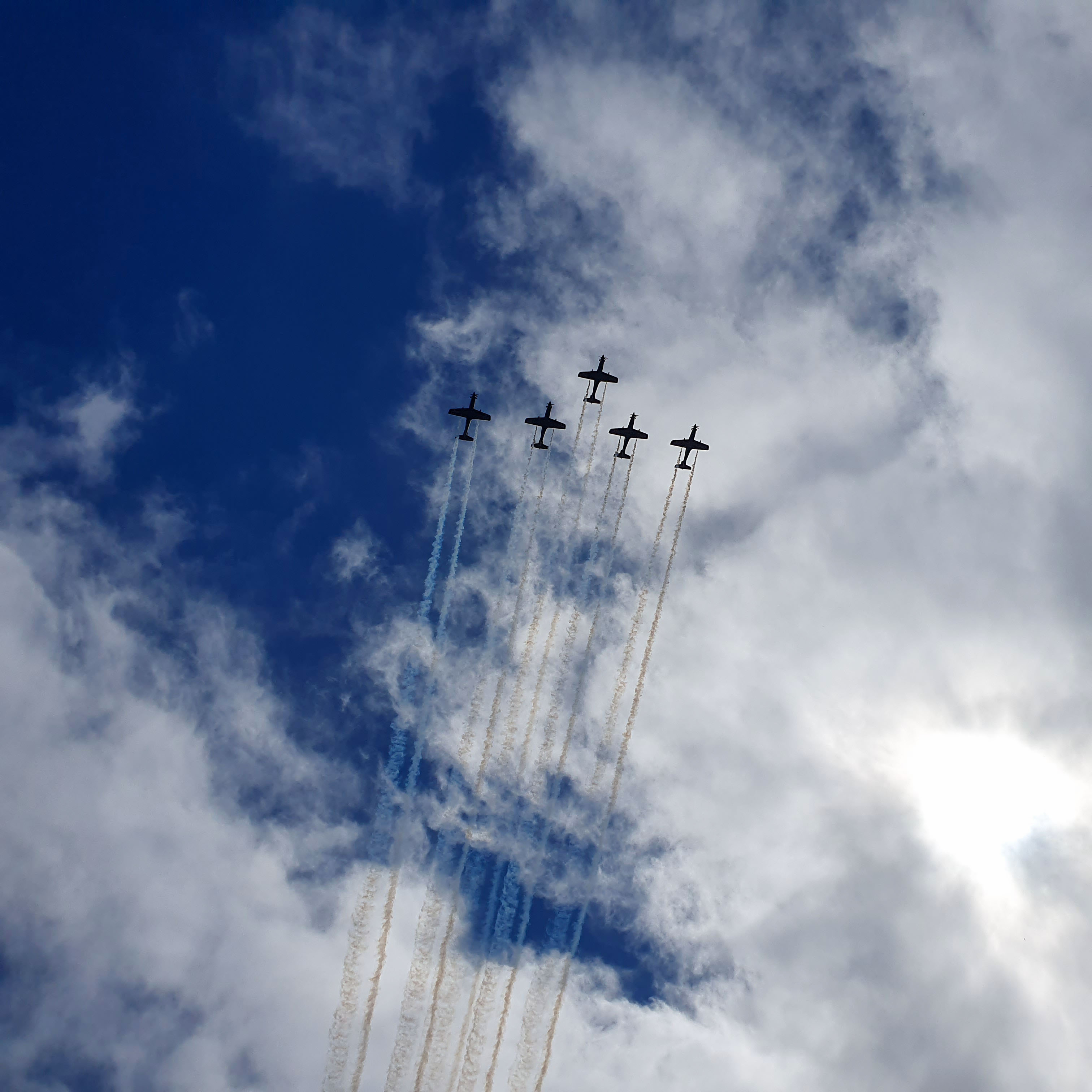 5 planes flying overhead for an air display.