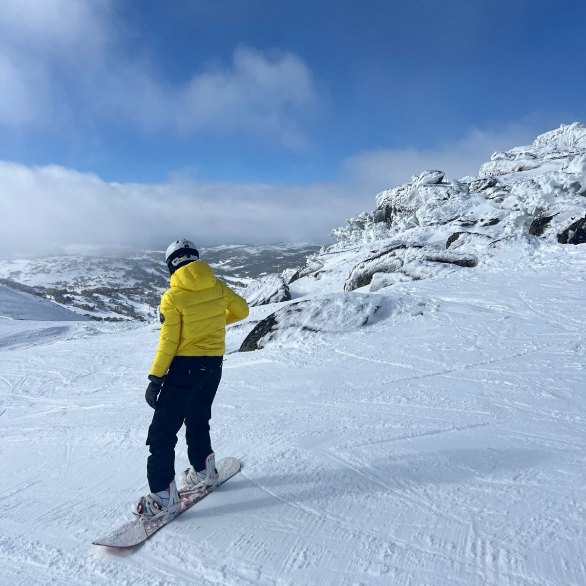 Girl on snowboard on a mountain covered with snow.