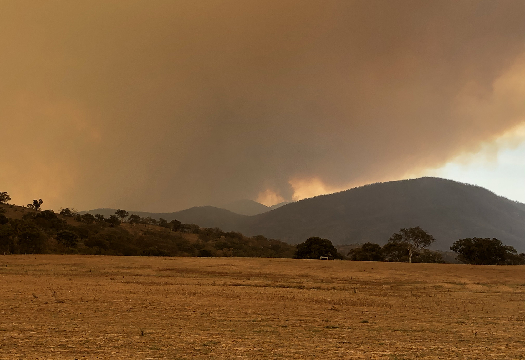 Clouds of smoke billowing over dark hills. with the glow of a huge bushfire at the centre. In the foreground is brown fields, and small hills covered by trees. Bushfires in NSW were caused by human driven climate change