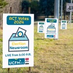 ACT Votes 2024: Election Newsroom corflutes at the side of the road