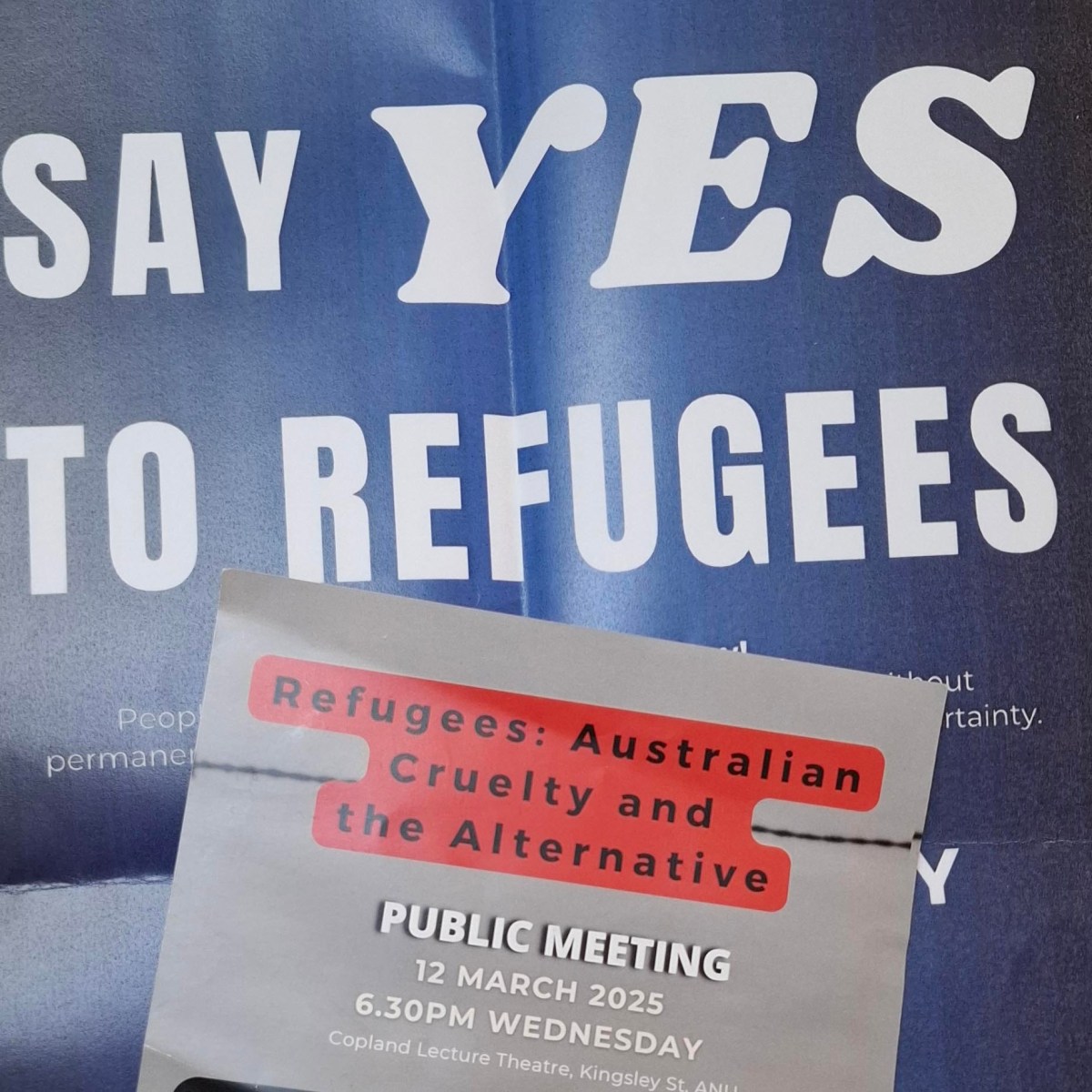Poster in support of refugees and page with the public meeting information