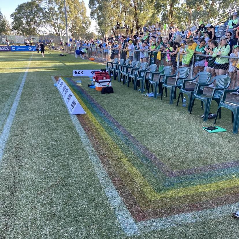 Substitute area markings on the side of halfway are added to with rainbow colours in celebration of pride round