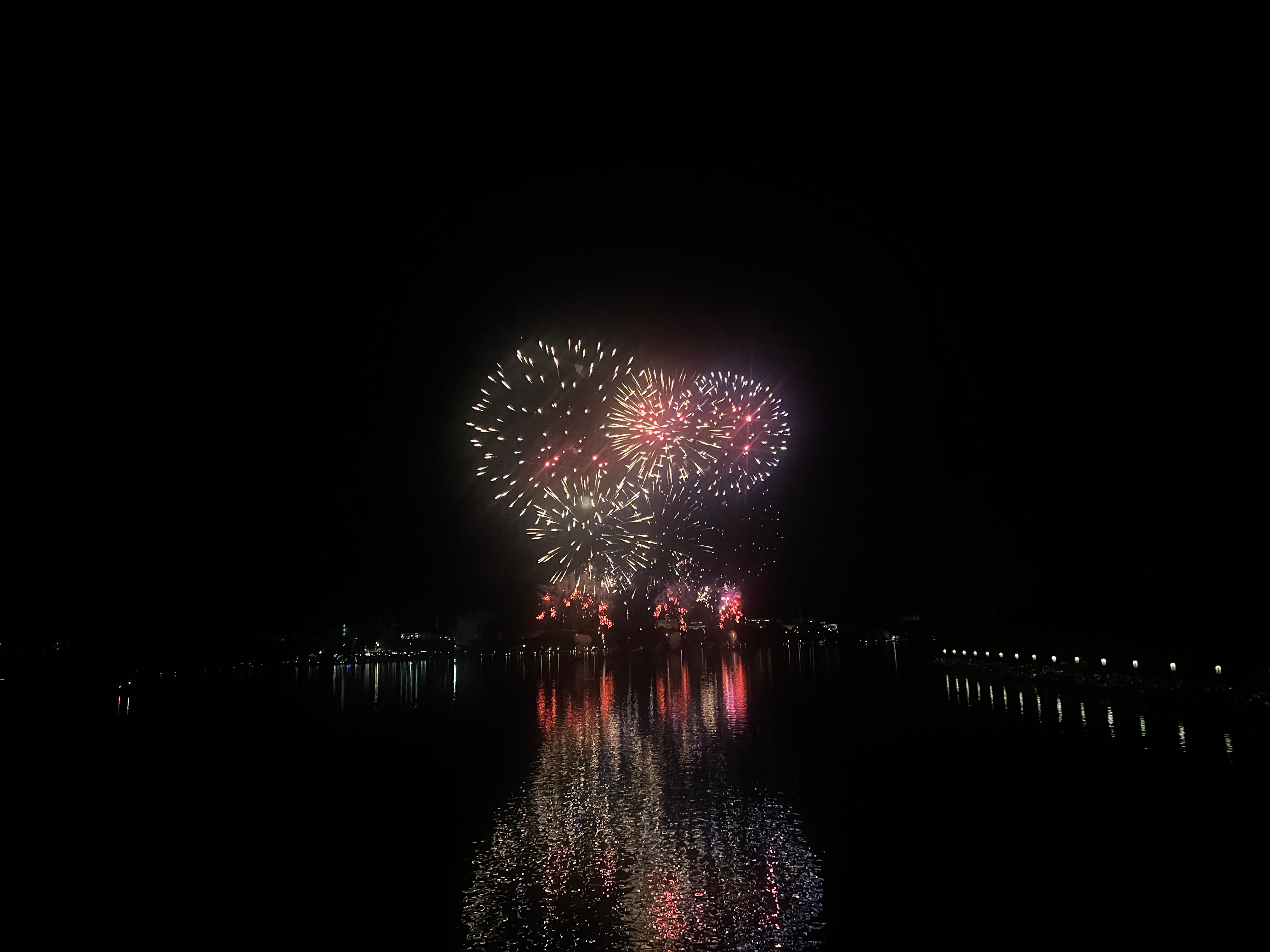 Fireworks bursting above Lake Burley Griffin during Skyfire 2025. 