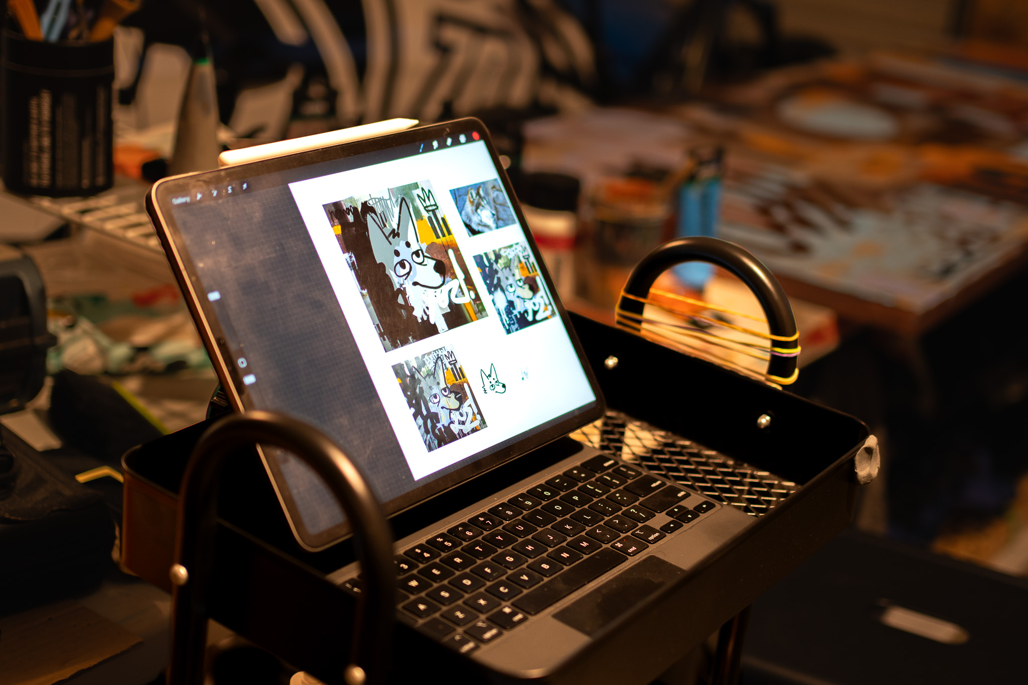 A photo of an iPad displaying a series of artworks with artworks in the background.