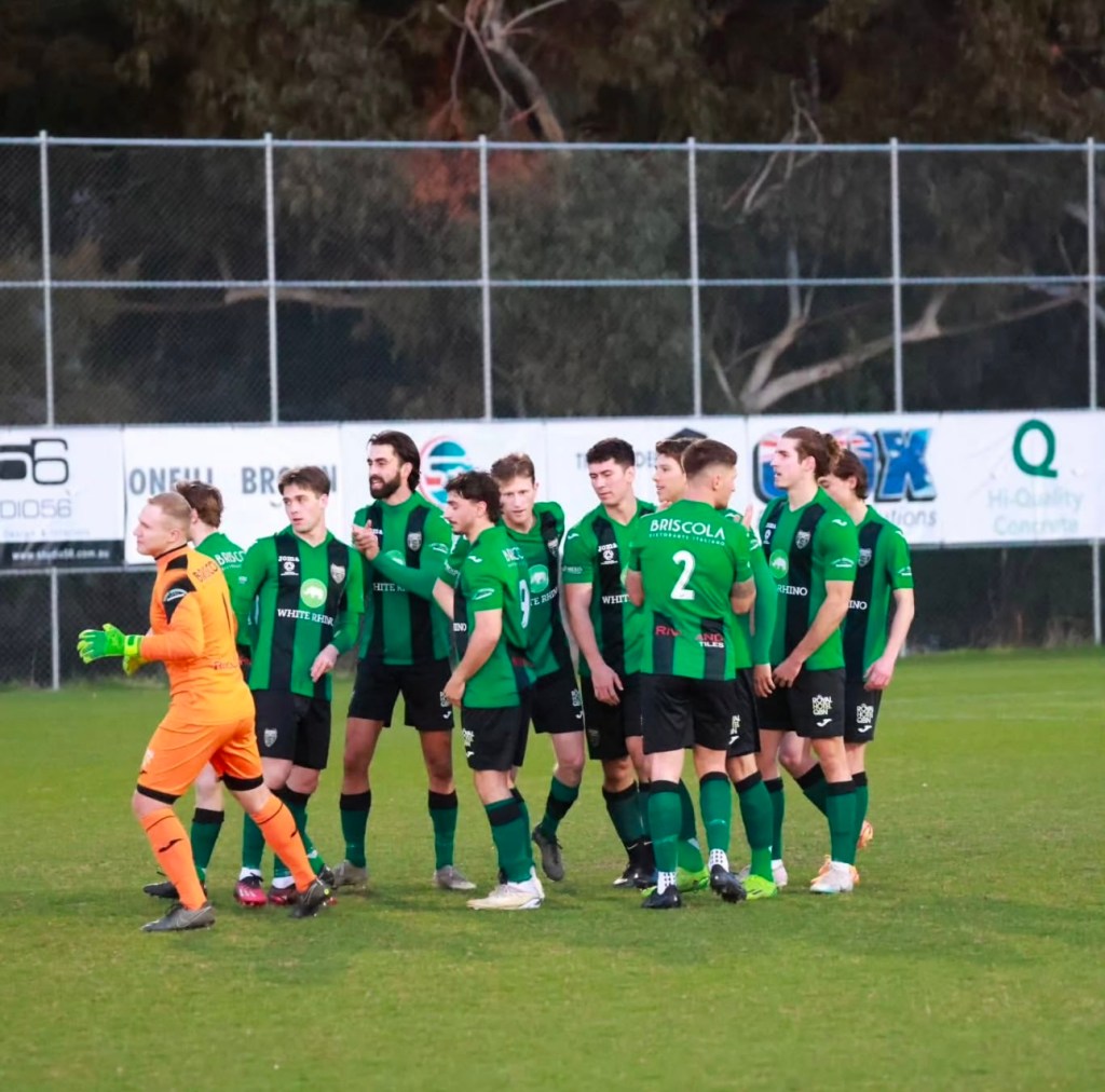 monaro panthers team shaking hands celebrating after a goal has been scored