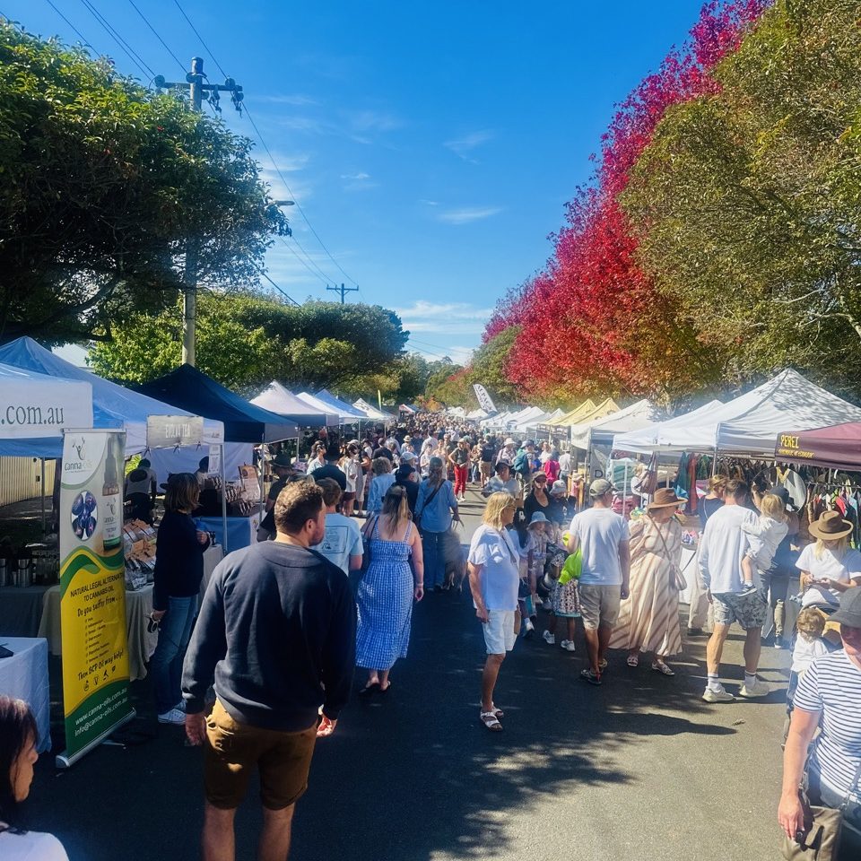 Main street of Burrawang packed with people with stalls down the street.