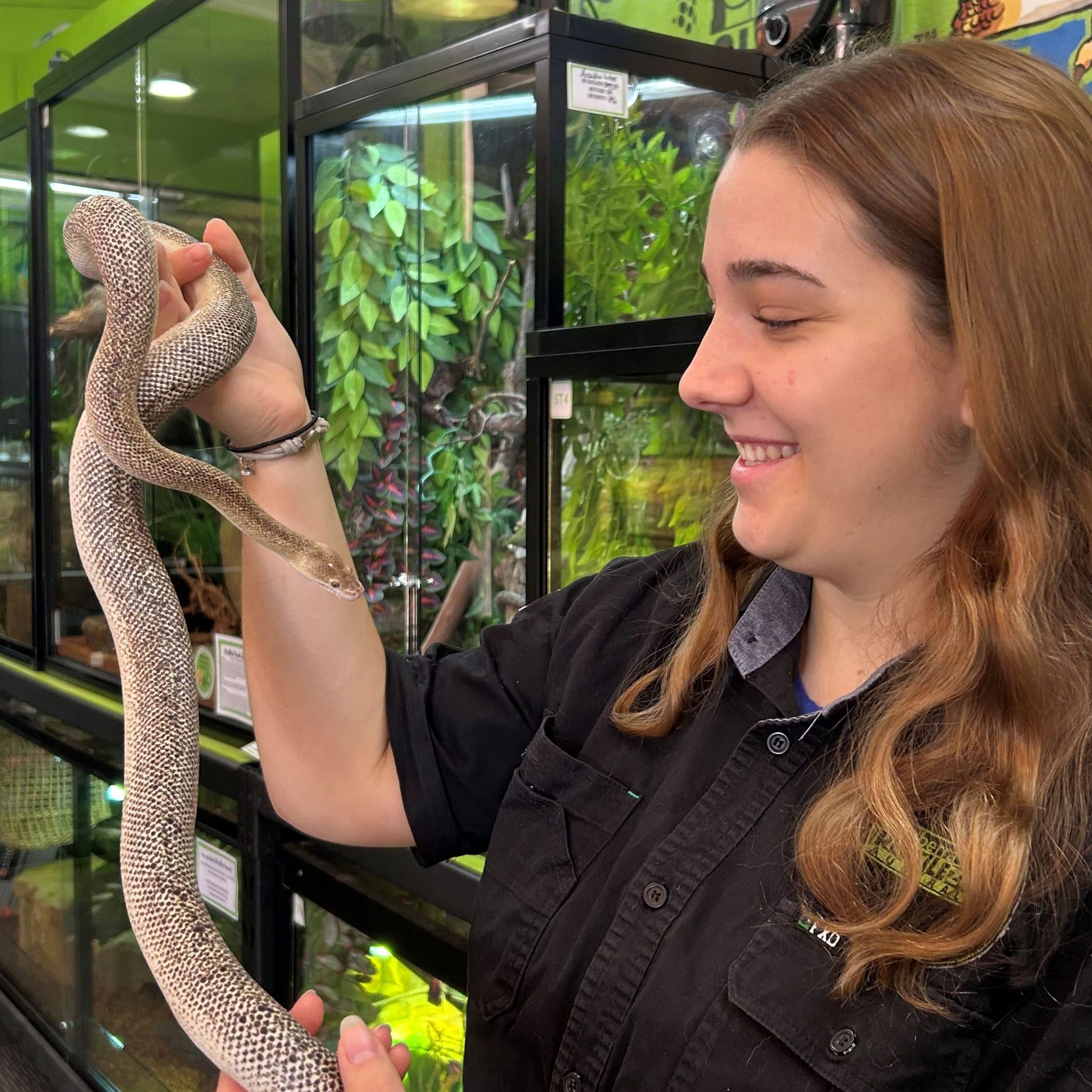 Mia holding large grey spotted snake.