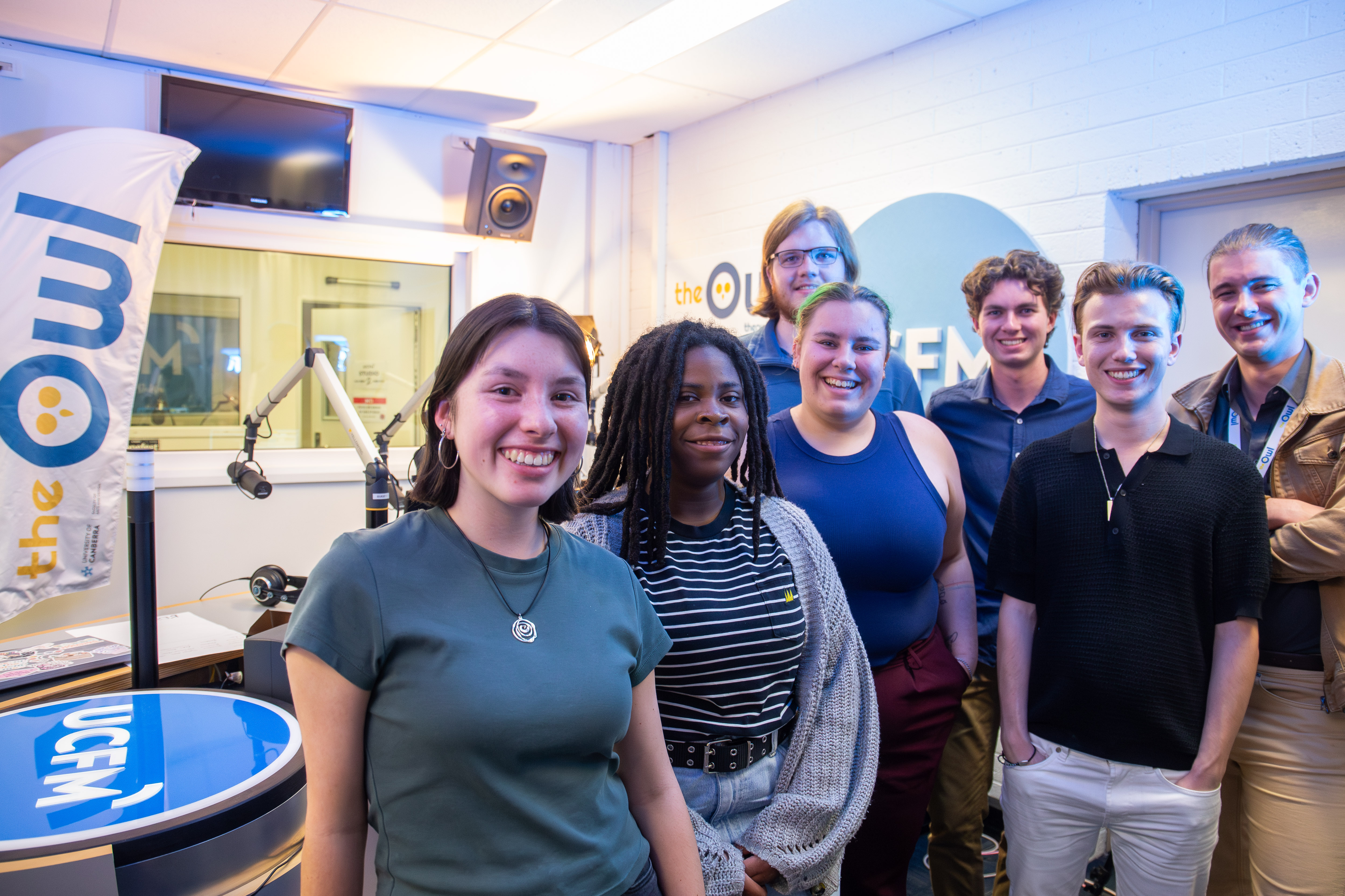 The Owl's Election Newsroom team posing for a photo in the UCFM studio