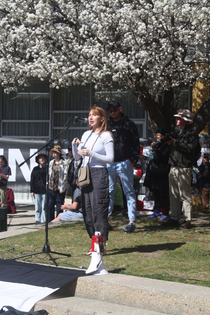 First Nations community leader Leah House giving a welcome to country and speech at the rally.