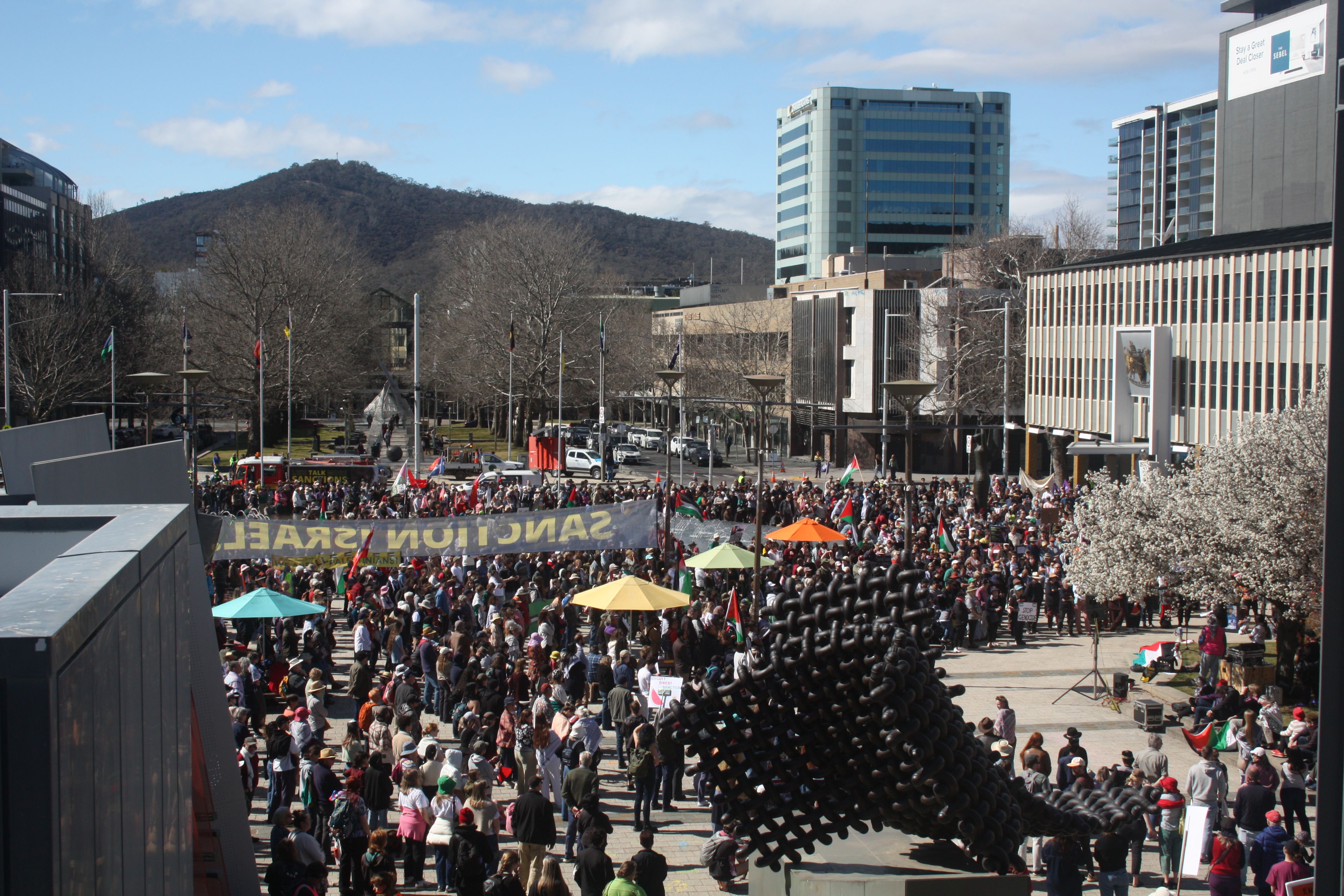 Thousands of people gathered at Civic Square during the rally for Palestine.