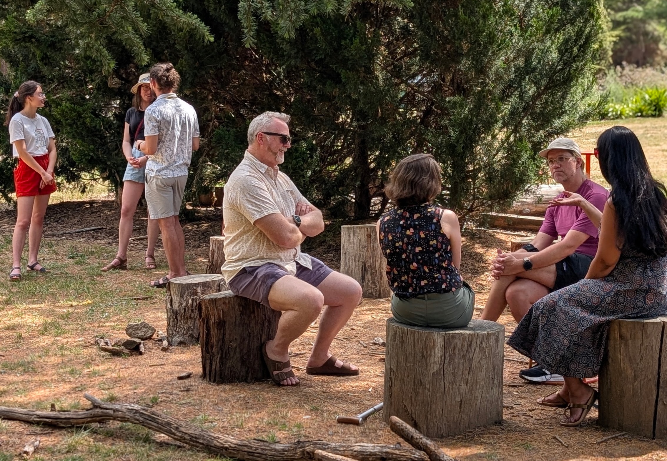 A group of people gathered outdoors, sitting on log stools and conversing.