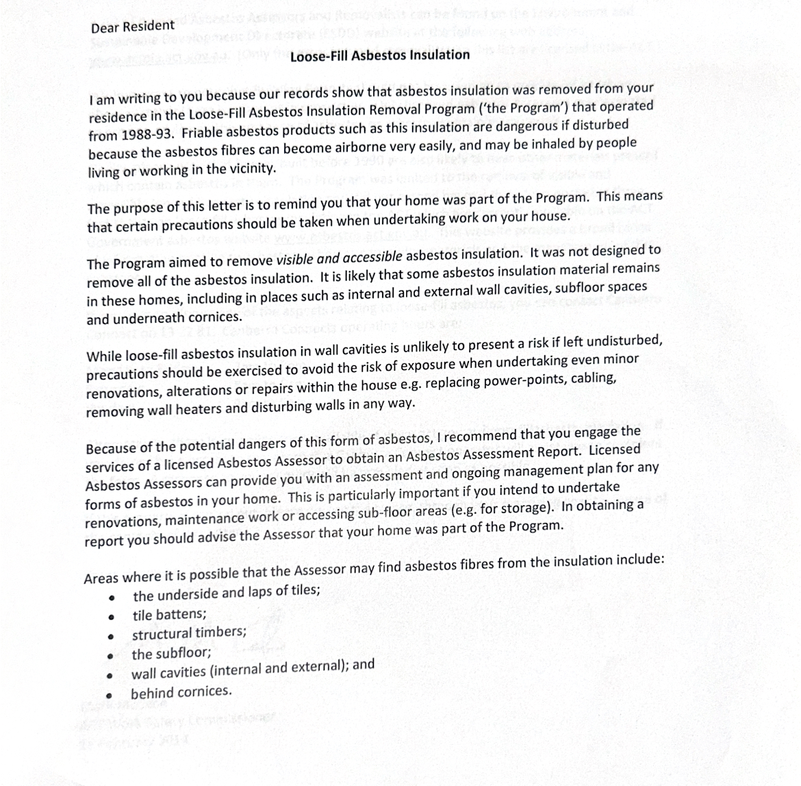 Photo scan of 2014 letter outlining to families their houses asbestos record.
