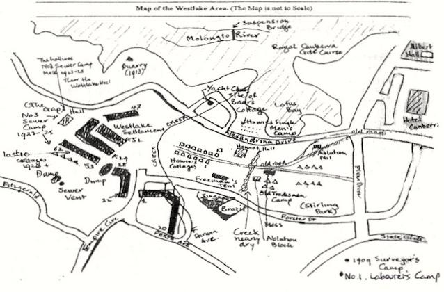 A roughly sketched map of Westlake, including house locations and roads.