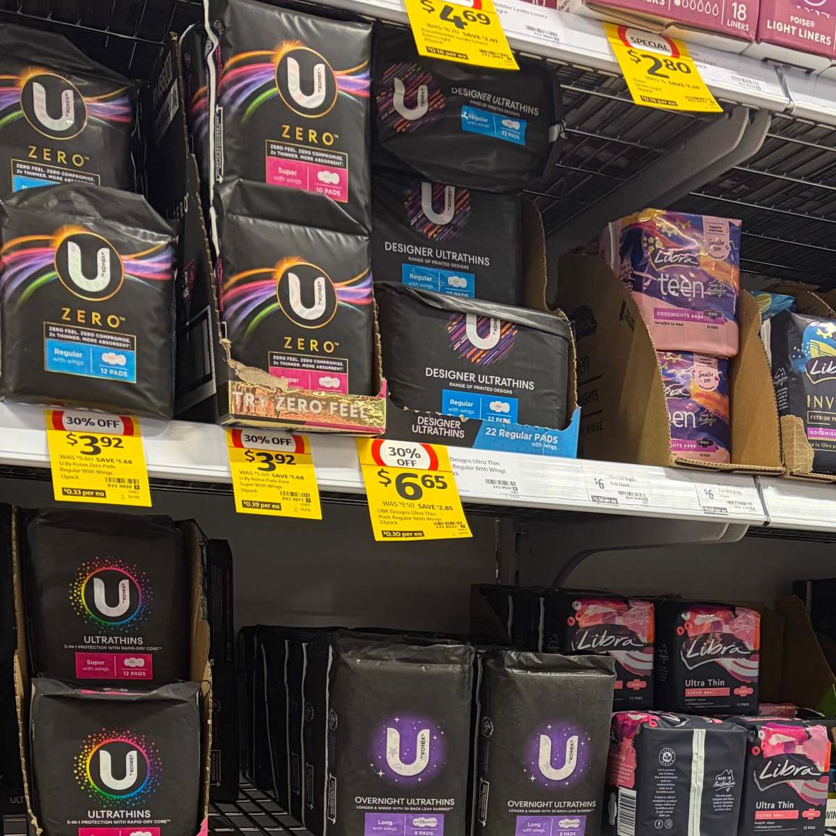 Period products on a supermarket shelf
