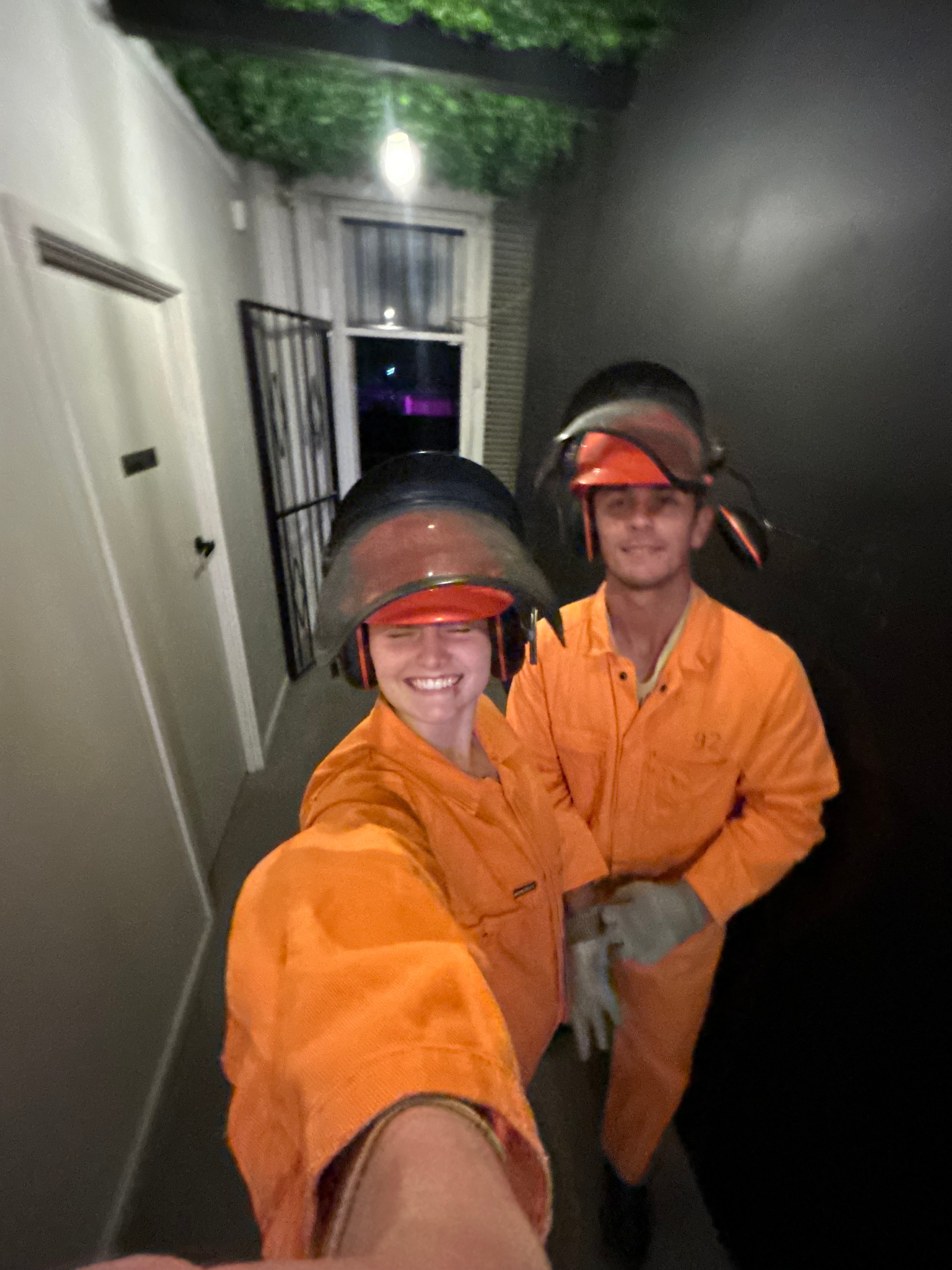 My partner and I smiling after completing the Breakr rage room experience 