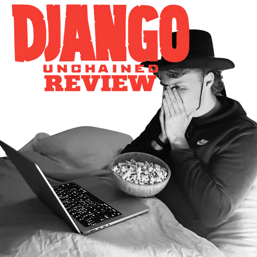 A black and white picture of a man watching his computer in shock. He has a cowboy hat on and a bowl of popcorn in front of him. Big red text reads "Django Unchained review".