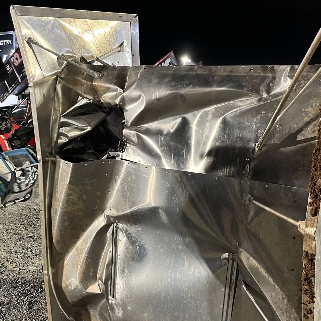 A sprint car wing that has been destroyed.