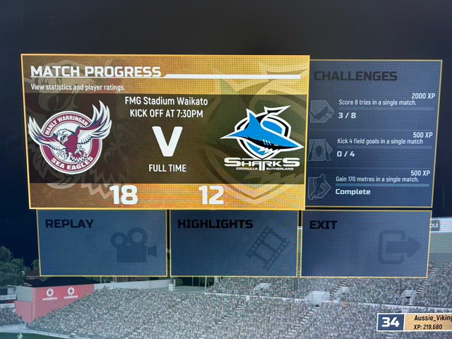 A photo of a screen showing a win in Rugby League Live 4
