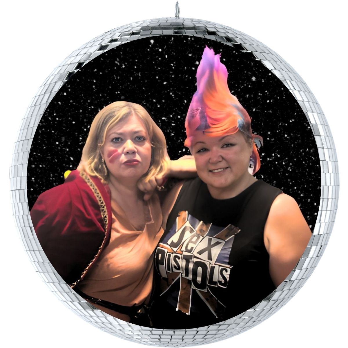 No Lights No Lycra’s hosts Miff and Heather dressed in 80s attire and standing in front of a dark sparkly background. 