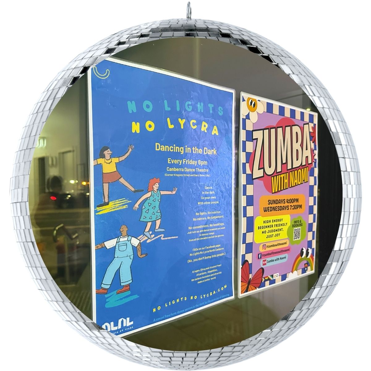 No Lights No Lycra and Zumba posters side by side, outside the Canberra Dance Centre entrance.